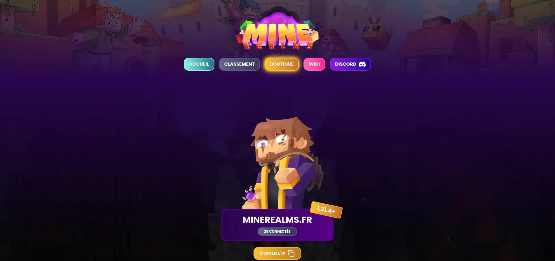 Aperçu du projet MineRealms - Site immersif pour un serveur Minecraft avec boutique, classements et stats en temps réel.