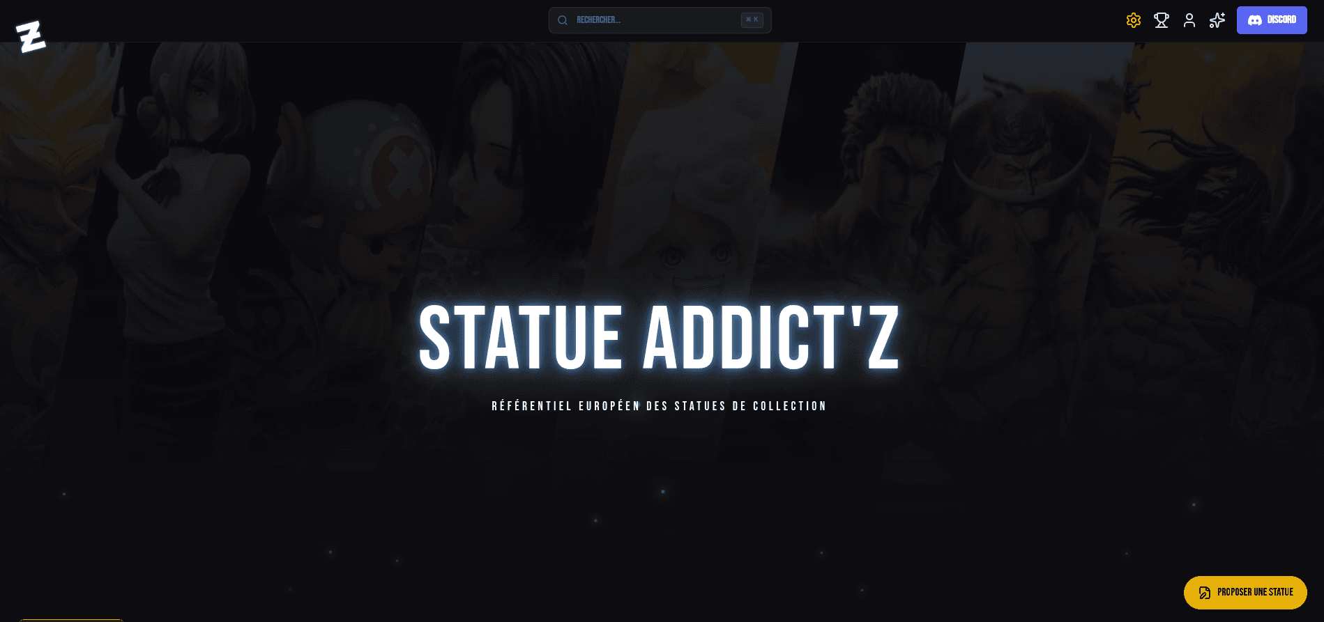 Aperçu du projet StatueAddict'Z - Plateforme communautaire de référencement de statues de collection avec dashboard admin, analytics maison et contributions collaboratives.